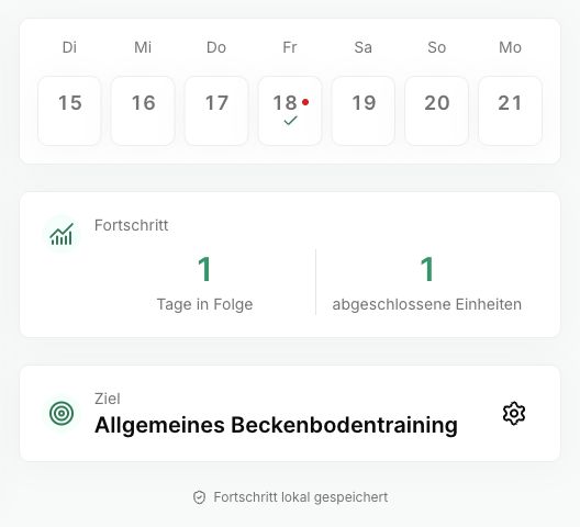Deutsche Fortschrittsansicht von PelvicEx mit Beispiel-Trainingseinträgen