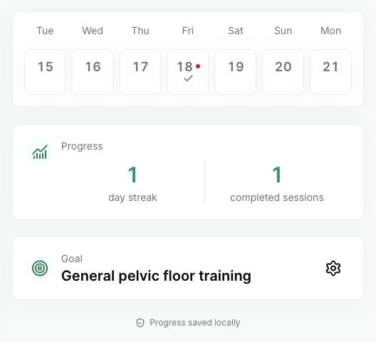 PelvicEx progress screen in English showing demonstration session records