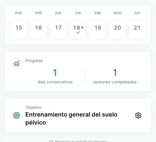 Pantalla de progreso de PelvicEx en español con registros de sesiones de demostración