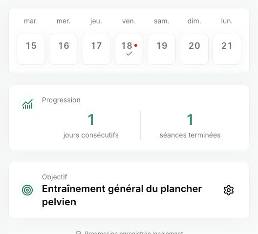 Écran de progression de PelvicEx en français avec des séances de démonstration