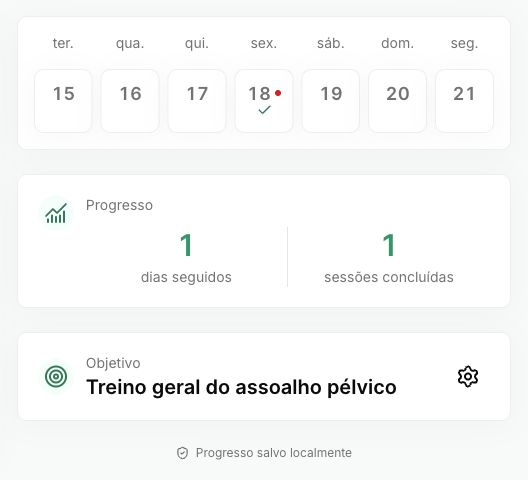 Tela de progresso do PelvicEx em português com registros de sessões de demonstração