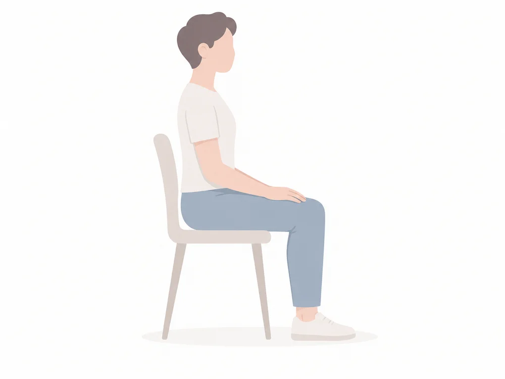 A person sitting comfortably on a chair with feet supported and hands resting on their thighs.